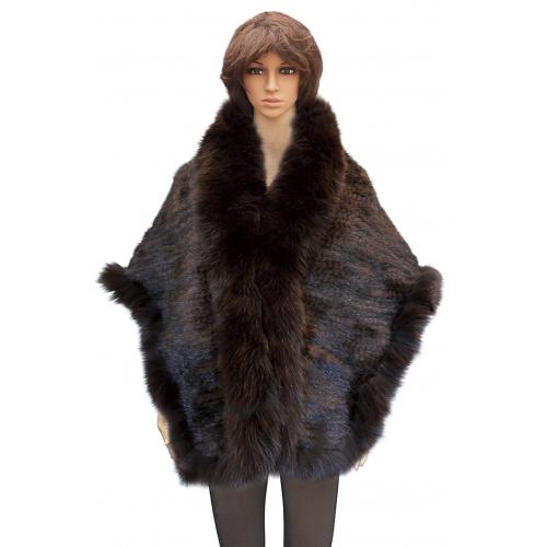 Winter Fur Ladies Brown Genuine Knitted Mink Cape With Fox Trimming W09K06