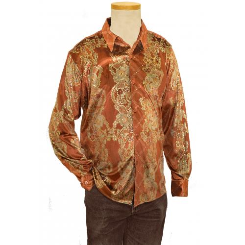 Pronti Cognac / Taupe / Metallic Gold Velvet Casual Long Sleeve Shirt S6200