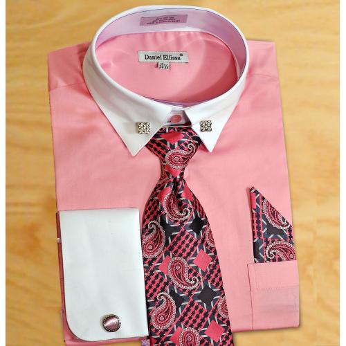 Daniel Ellissa Pink / White Cotton Dress Shirt / Tie / Hanky / Cufflinks / Collar Bar Set DS3790P2