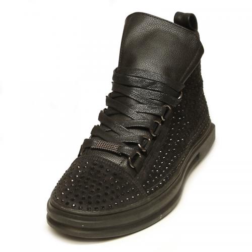 Encore By Fiesso Black Genuine PU Leather High Top Sneakers Boots FI2257