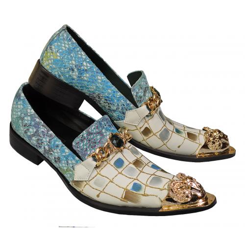 Fiesso White / Multicolor Hand Painted Lurex Genuine Leather Slip On Shoes With Bracelet / Metal Toe FI6950