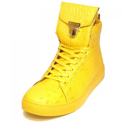 Fiesso Yellow PU Leather Alligator Print High Top Sneakers Boots FI2244.