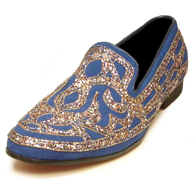 Fiesso Royal Blue / Metallic Silver Genuine Suede Leather Slip-On Shoes
