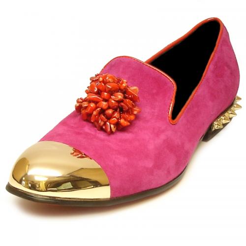 Fiesso Fucsia Genuine Suede Slip On Shoes With Gold Metal Toe FI7050.