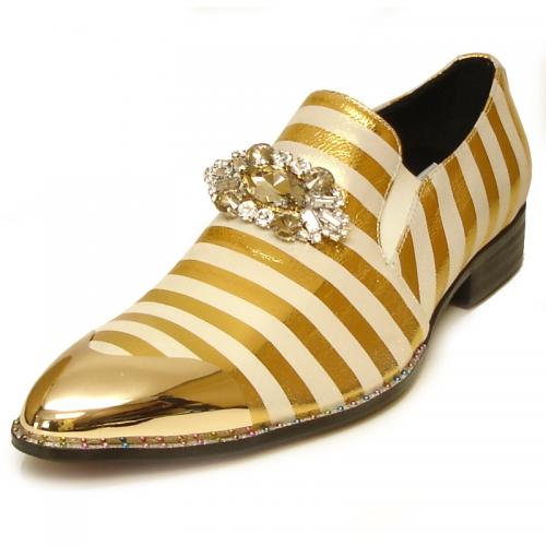 Fiesso White / Gold Genuine Leather Rhinestone Slip-On With Gold Metal Toe FI7015.