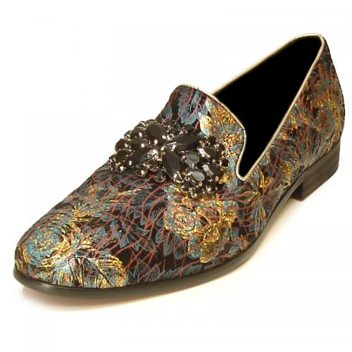Fiesso Blue Gold Genuine Leather With Flower Design Slip-On FI7029.