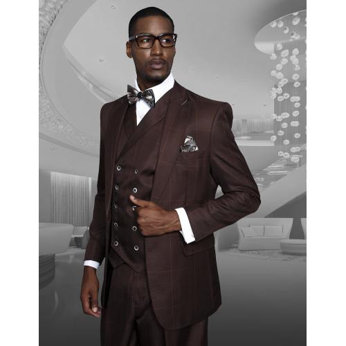 Statement Confidence "Sassari" Chocolate Brown / Cognac / Black Plaid Super 150's Wool Vested Wide Leg Suit