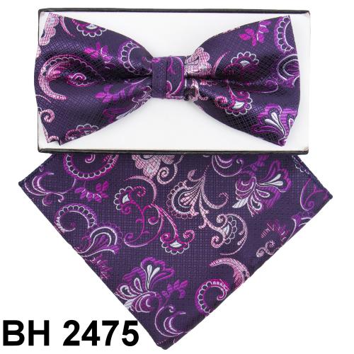 Classico Italiano Purple / Fuchsia / Pink Paisley Design 100% Silk Bow Tie / Hanky Set BH2475