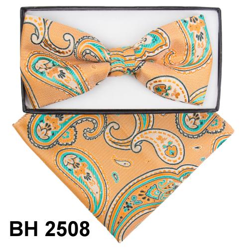 Classico Italiano Orange / Mint / Dark Green Paisley Design 100% Silk Bow Tie / Hanky Set BH2508