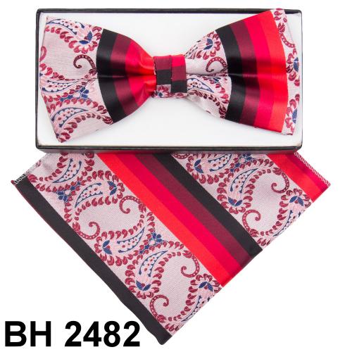 Classico Italiano Multi Red / Pink / Paisley / Striped Design 100% Silk Bow Tie / Hanky Set BH2482