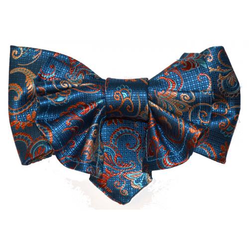 Vittorio Vico Dark Aqua Blue / Orange / Beige Paisley Design Double Layered 100% Silk Bow Tie / Hanky Set XL0071