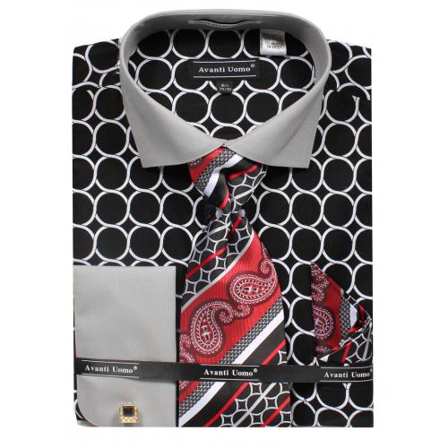 Avanti Uomo Black Circle Pattern French Cuff 100% Cotton Shirt / Tie / Hanky Set With Free Cufflinks DN68M.