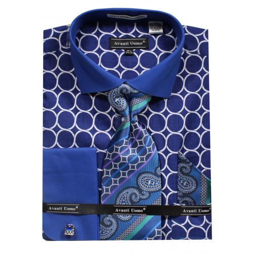 Avanti Uomo Blue Circle Pattern French Cuff 100% Cotton Shirt / Tie / Hanky Set With Free Cufflinks DN68M.