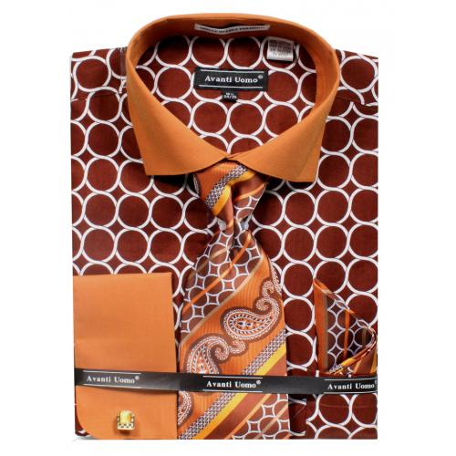 Avanti Uomo Brown Circle Pattern French Cuff 100% Cotton Shirt / Tie / Hanky Set With Free Cufflinks DN68M.