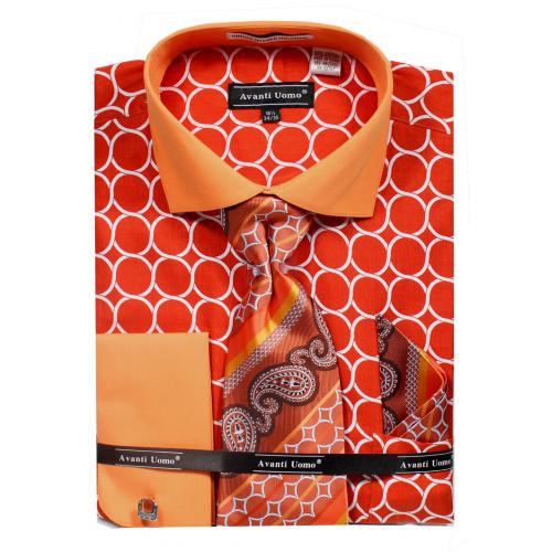 Avanti Uomo Orange Circle Pattern French Cuff 100% Cotton Shirt / Tie / Hanky Set With Free Cufflinks DN68M.