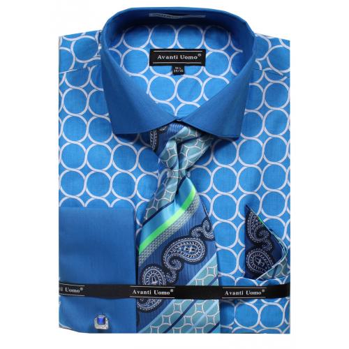 Avanti Uomo Turquoise Circle Pattern French Cuff 100% Cotton Shirt / Tie / Hanky Set With Free Cufflinks DN68M.