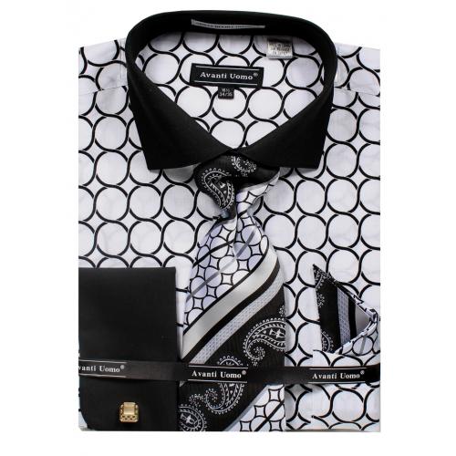 Avanti Uomo White Circle Pattern French Cuff 100% Cotton Shirt / Tie / Hanky Set With Free Cufflinks DN68M.