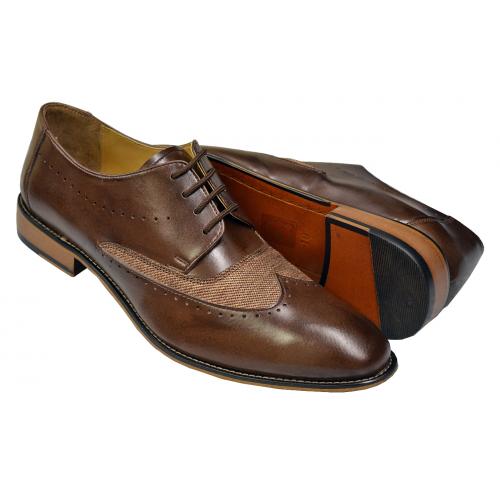 Liberty Brown / Tan Leather / Woven Fabric Wingtip Derby Dress Shoes 1004