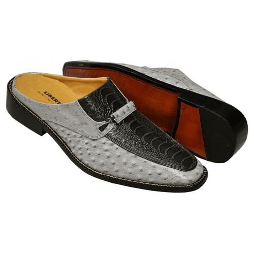 Liberty Light Grey / Black PU Ostrich Print Leather Moc Toe Mule Shoes 963