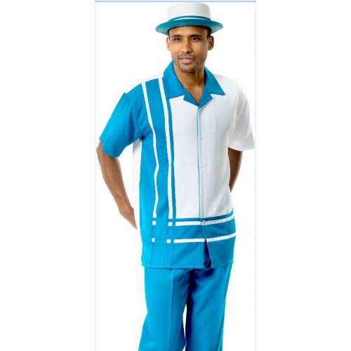 Montique White / Turquoise Blue Sectional Design Microfiber Short Sleeve Outfit 1777