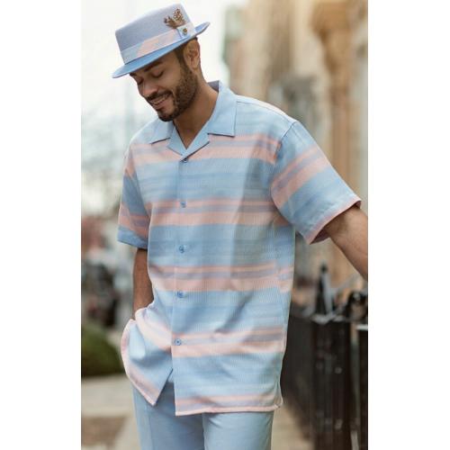 Montique Light Blue / Pink Horizontal Striped Woven Short Sleeve Outfit 1727