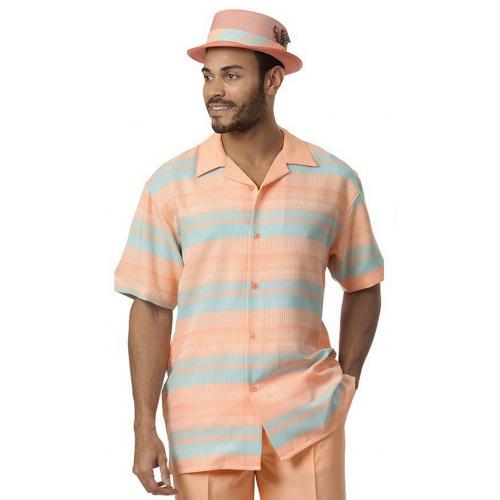 Montique Peach / Powder Blue Horizontal Striped Woven Short Sleeve Outfit 1727
