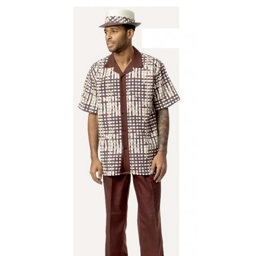 Montique Brown / Beige / Cream Woven Plaid Short Sleeve Outfit 1730