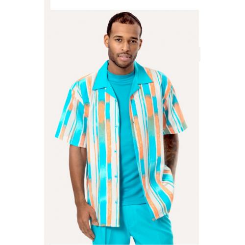 Montique Turquoise / Orange / White Striped Woven Short Sleeve Outfit 1736