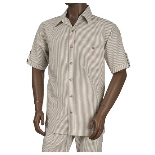 Giorgio Inserti White / Beige Seersucker Microfiber Blend Short Sleeve Outfit 7288