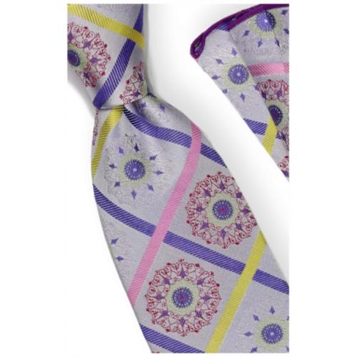 Steven Land "Big Knot" BWR741 Grey / Lavender / Pink / Yellow Windowpane 100% Silk Necktie / Hanky Set
