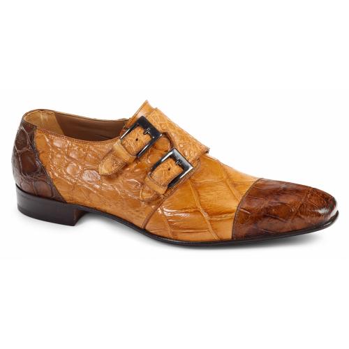 Mauri "Traiano" 1152 Brandy / Chestnut All Over Genuine Body Alligator Hand-Painted Shoes With Double Monk Strap.