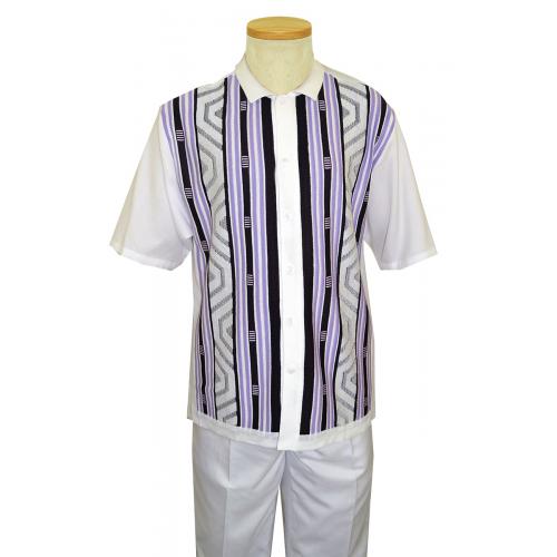 Silversilk White / Lavender / Plum Striped Design Button Up Short Sleeve Knitted Outfit 2396