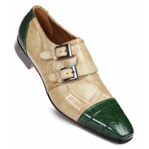 Mauri "Traiano" 1152 Bone / Hunter Green All Over Genuine Body Alligator Hand Painted Shoes With Double Monk Strap.