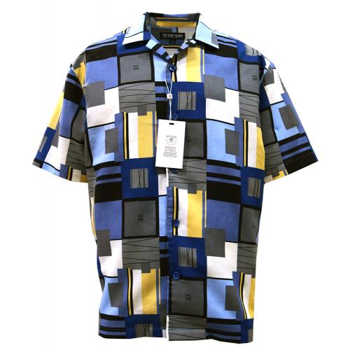 Stacy Adams Navy Blue / Tan / White Block Design Linen Short Sleeve Shirt 2550