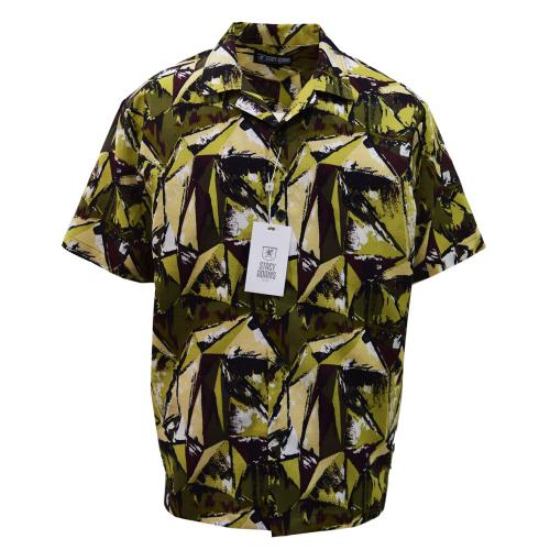 Stacy Adams Olive Green Multi / Beige / Black Abstract Design Linen Short Sleeve Shirt 2582