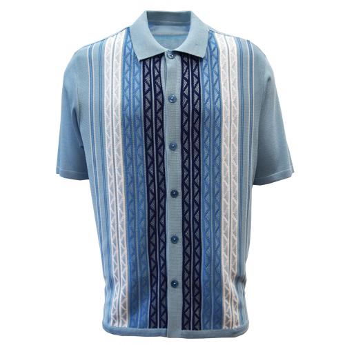 Silversilk Powder Blue / Navy / White Button Up Knitted Short Sleeve Shirt 2142
