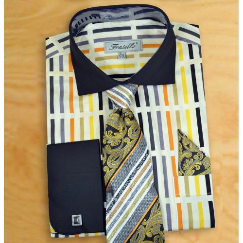 Fratello Black / Multi Gold / Cream Shirt / Tie / Hanky / Cufflinks Set FRV4133P2