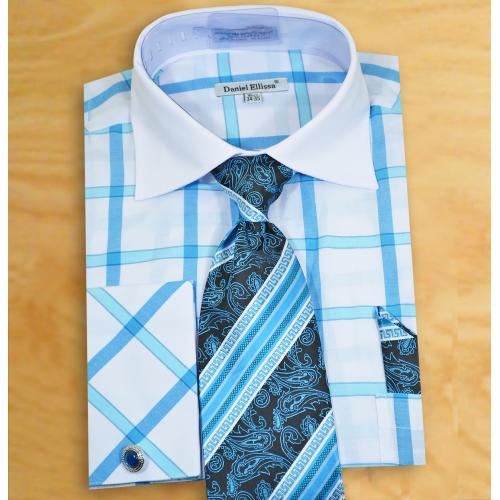 Daniel Ellissa White / Turquoise Blue Windowpane Dress Shirt / Tie / Hanky / Cufflinks Set DS3768P2