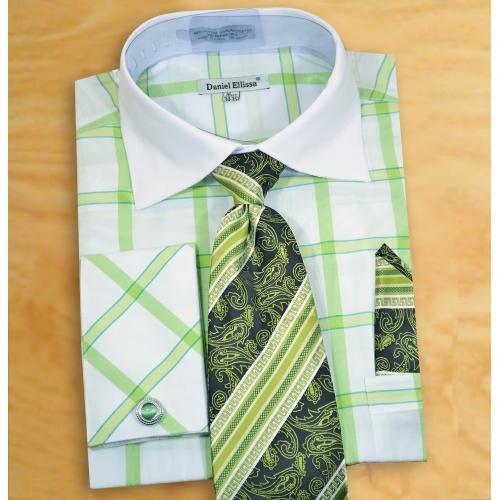 Daniel Ellissa White / Apple Green Windowpane Dress Shirt / Tie / Hanky / Cufflinks Set DS3768P2