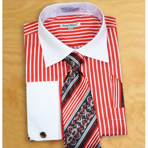 Daniel Ellissa White / Red Vertical Striped Dress Shirt / Tie / Hanky / Cufflinks Set DS3787P2