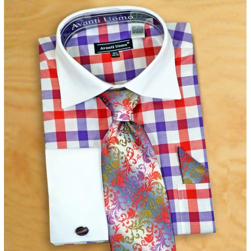 Avanti Uomo Purple / Red / White Check Design Shirt / Tie / Hanky / Cufflinks Set DN58M