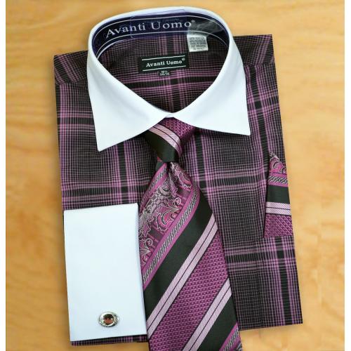 Avanti Uomo Lavender / Black Multi Plaid Dress Shirt / Tie / Hanky / Cufflinks Set DN62M
