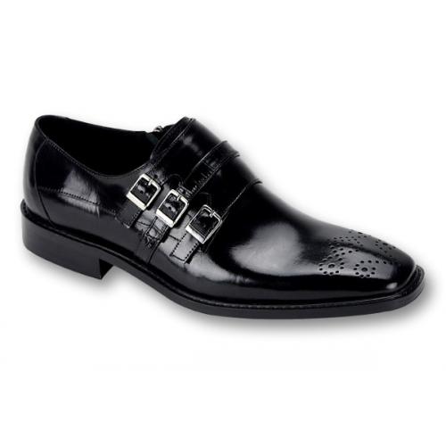 Steven Land Black Genuine Leather Slip-On Shoes With Triple Monk Straps SL0012