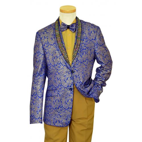 Giovanni Testi Royal Blue / Gold Paisley Design Rhinestone Shawl Collar Blazer With Bow Tie GT2SSC-758