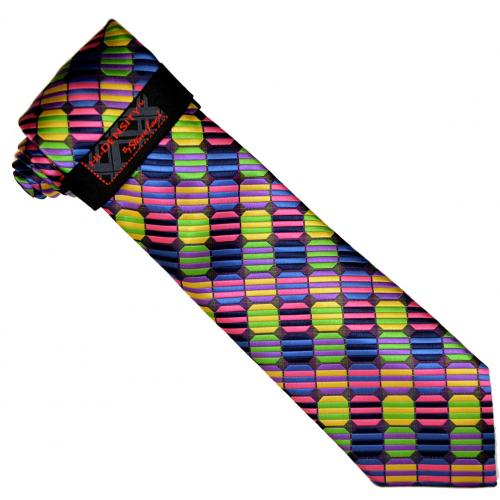 Hi-Density By Steven Land HD35 Blue / Green / Pink / Purple Multi Geometric Design 100% Silk Necktie / Hanky Set