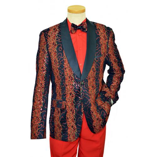 Giovanni Testi Black / Red / Gold Sequined Shawl Collar Blazer With Bow Tie GT2SSX-0441