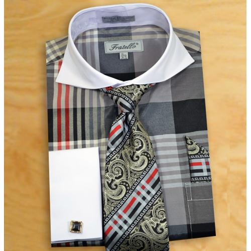 Fratello Grey / Black / Red / White Plaid Shirt / Tie / Hanky / Cufflinks Set FRV4124P2