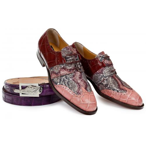 Mauri "Caracalla" 53124 Cherry / Taste Of Berry Genuine Body Alligator / Purple Fabric Lace-Up Shoes.