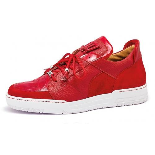 Mauri 8412 Boss Red Genuine Caiman Crocodile / Suede / Patent Leather Casual Sneakers.
