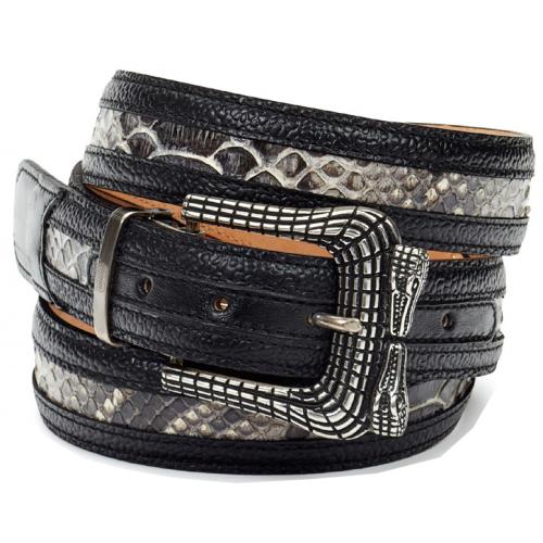 Mauri Black Genuine Pebble Grain Calf / Grey Python Hand-Painted Belt ...